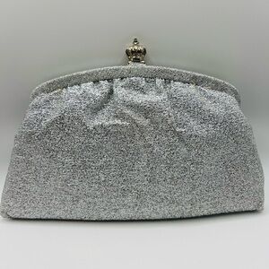 Vintage Silver Metallic Clutch Purse Crown Clasp Chain 60s Evening Bag